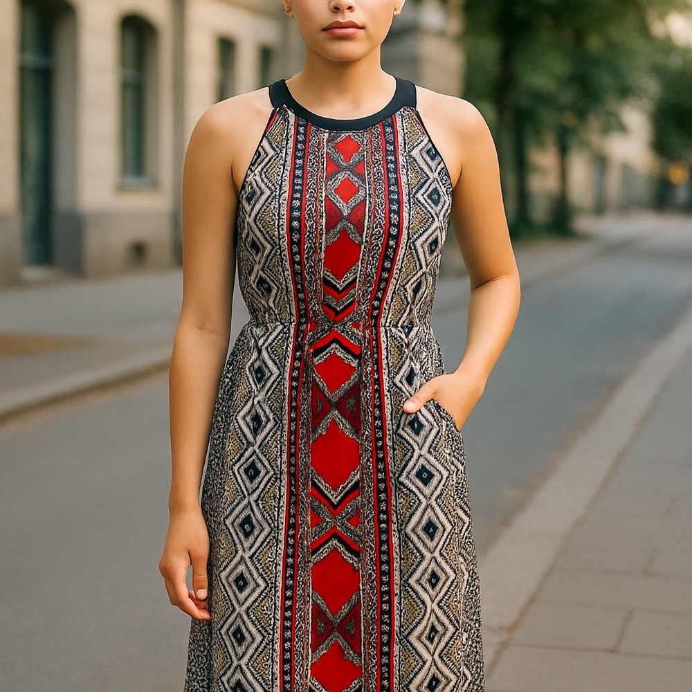 Cleo Red and Black Geometric Maxi Dress